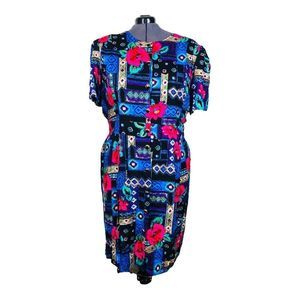 1082 VTG floral geometric midi dress sz 2x button front